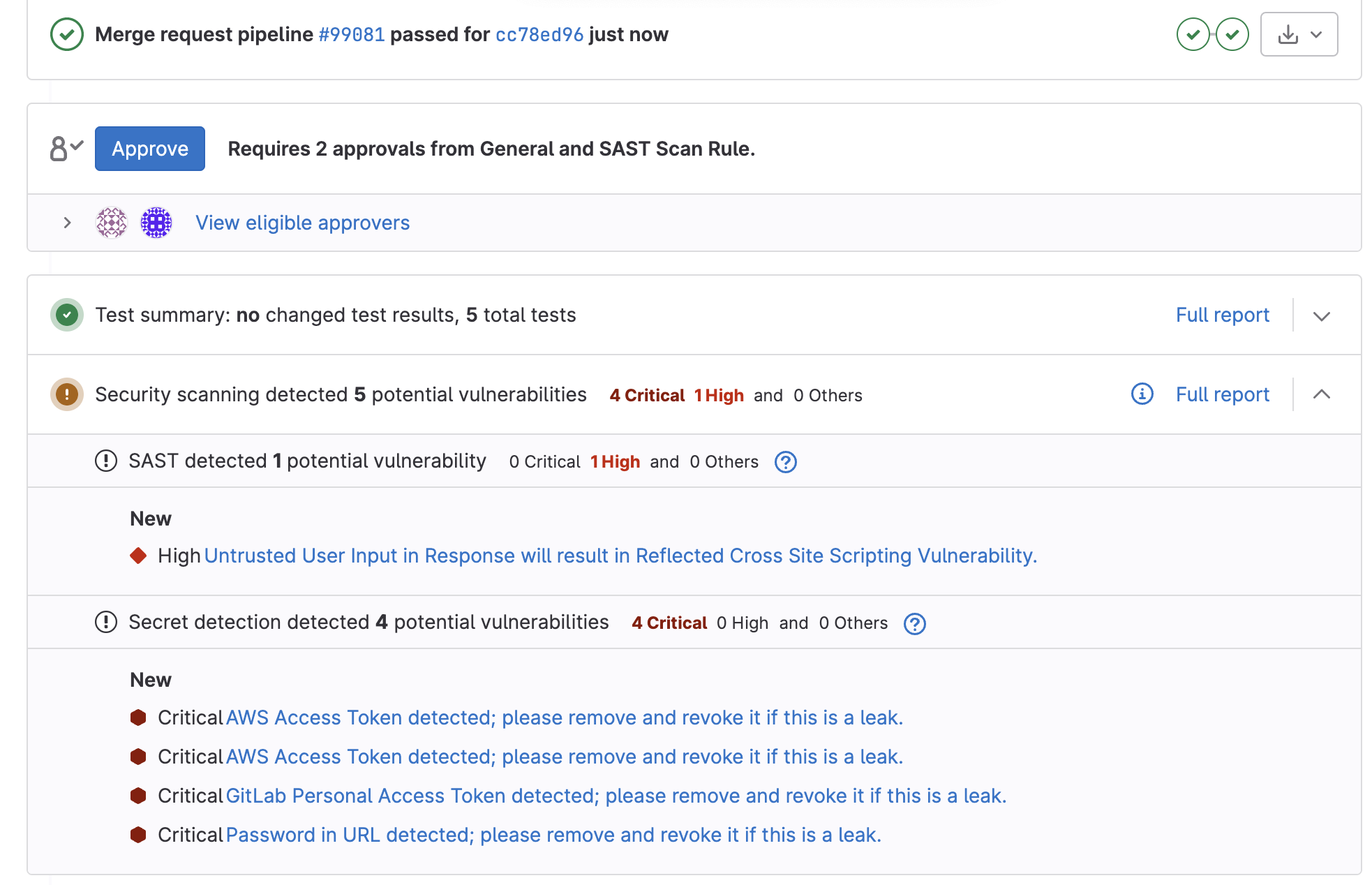 MR view with SAST & Secret Detection Vulnerability